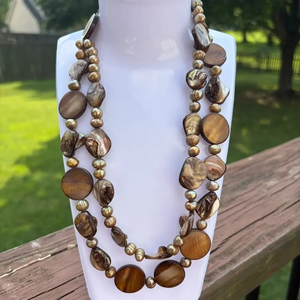 Vintage Chunky Brown Mother of Pearl Shell Statement Necklace 2 Strand Boho 17